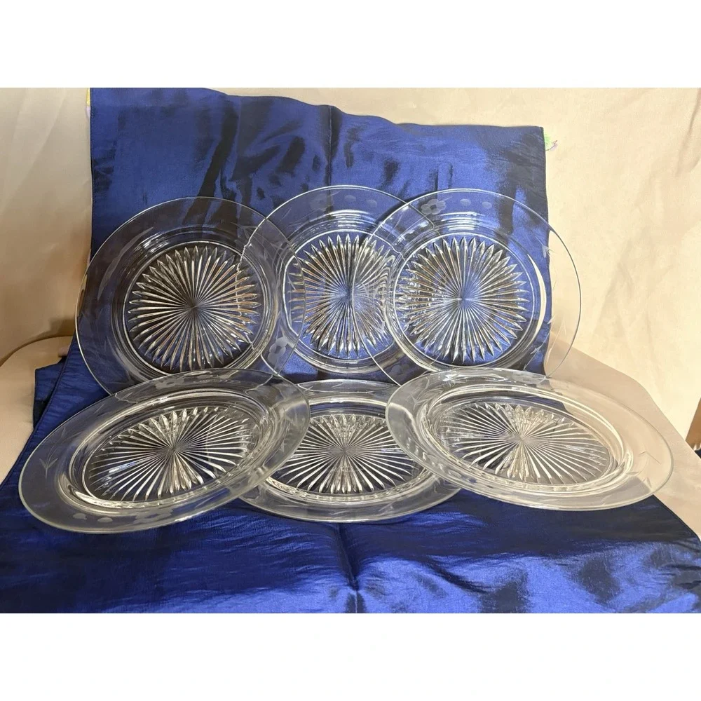 Vtg Elegant Clear Glass Plates Set 6 Etched Floral Rim Rays Starburst Center